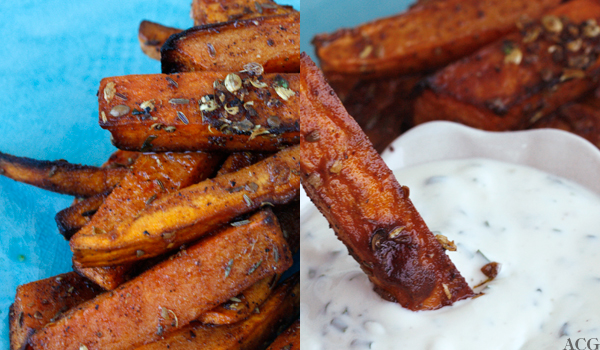 søtpotetfries og dressing