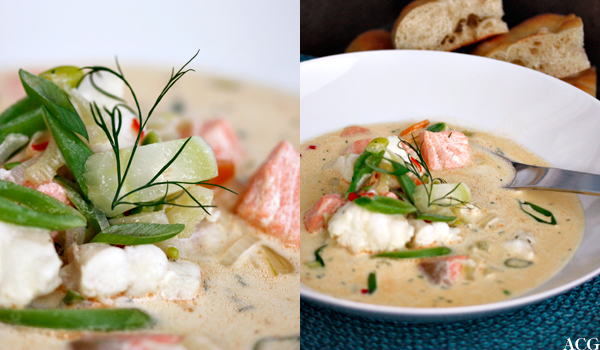 to bilder av klassisk kremet fiskesuppe
