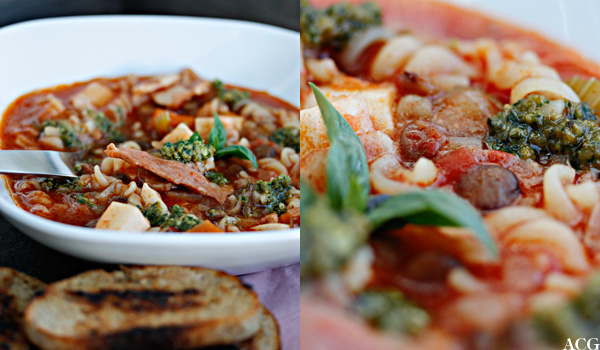 to bilder av minestronesuppe med pesto