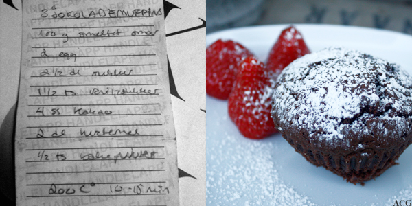 håndskrevet oppskrift og sjokolademuffin
