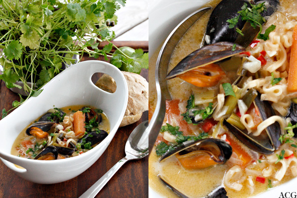 Asiatisk blåskjellsuppe med gulrot, kokosmelk og chili