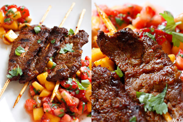 to bilder av biff satay med jordbærsalsa