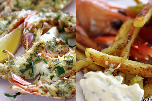 to bildet: grillet sjøkreps og pommes frites