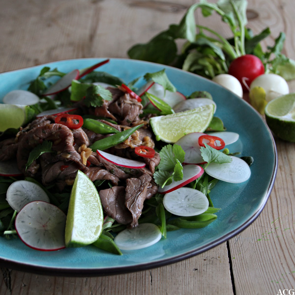 tallerken med fargerik salat med roastbiff og reddiker