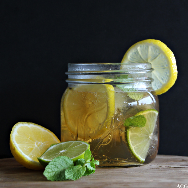 Port tonic aperitiff i et glass med sitronskiver og mynteblader