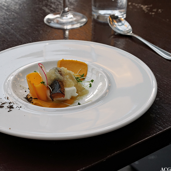 Kveite sous vide med gresskarkrem, karamellisert gulrot, eplepuré og syltet reddik
