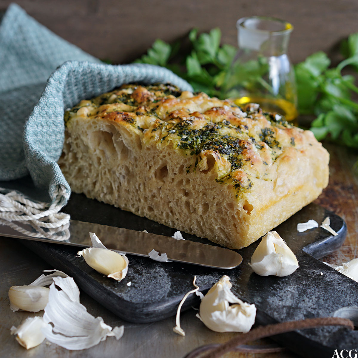 eltefritt focaccia med persille og hvitløk